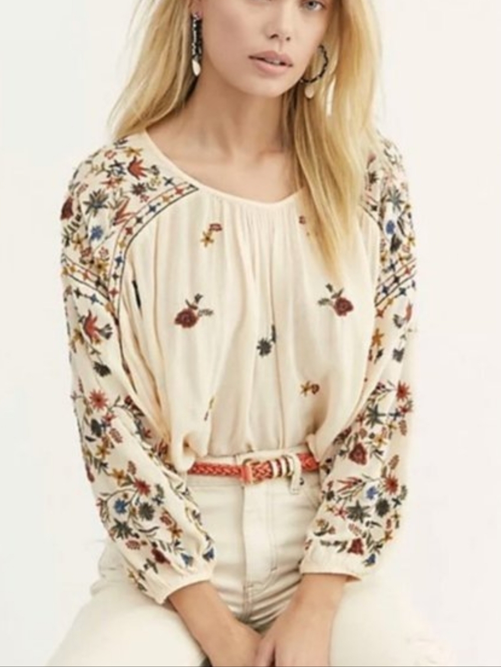 Free People Wildflowers Embroidered Peasant Blouse Medium Cream Floral Crop